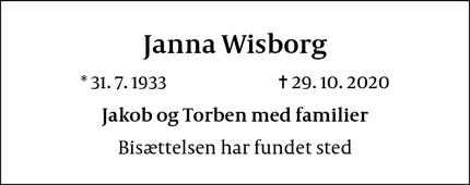 Dødsannoncen for Janna Wisborg - Ålborg