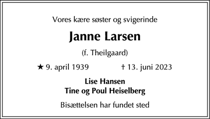 Dødsannoncen for Janne Larsen - Slaglille