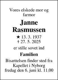 Dødsannoncen for Janne Rasmussen - Frederiksberg C