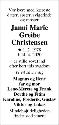 Dødsannoncen for Janni Marie
Greibe
Christensen - RANDERS NØ