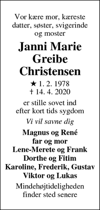 Dødsannoncen for Janni Marie
Greibe
Christensen - RANDERS NØ