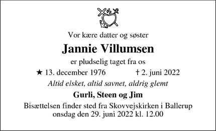 Dødsannoncen for Jannie Villumsen - Ballerup 