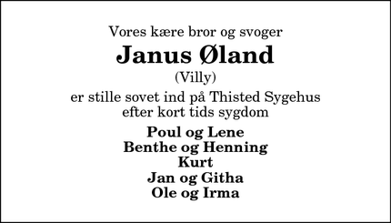 Dødsannoncen for Janus Øland - Hurup Thy