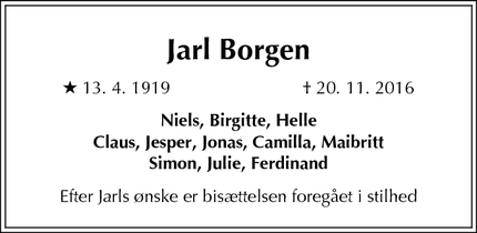 Dødsannoncen for Jarl Borgen - Frederiksberg