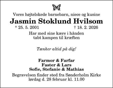Dødsannoncen for Jasmin Stoklund Hvilsom - Aalborg