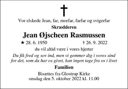 Dødsannoncen for Jean Øjscheen Rasmussen - Greve