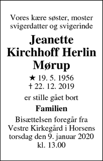 Dødsannoncen for Jeanette Kirchhoff Herlin Mørup - Horsens