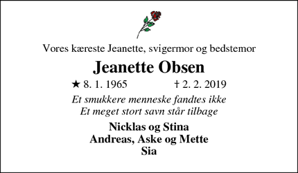 Dødsannoncen for Jeanette Obsen - Køge