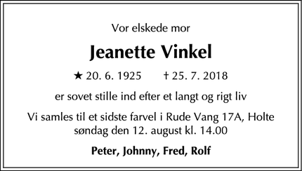 Dødsannoncen for Jeanette Vinkel - Holte