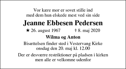 Dødsannoncen for Jeanne Ebbesen Pedersen - Helsingør