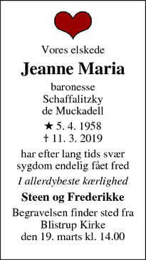 Dødsannoncen for Jeanne Maria - Udsholt Strand Græsted