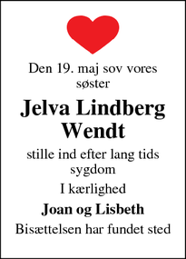Dødsannoncen for Jelva Lindberg Wendt - Ballerup
