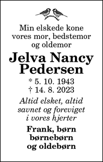 Dødsannoncen for Jelva Nancy
Pedersen - Hou/Hals