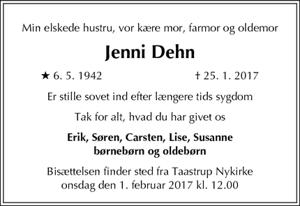 Dødsannoncen for Jenni Dehn - Taastrup