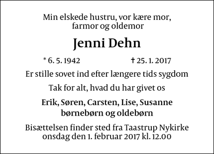 Dødsannoncen for Jenni Dehn - Taastrup