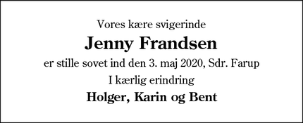 Dødsannoncen for Jenny Frandsen - Esbjerg