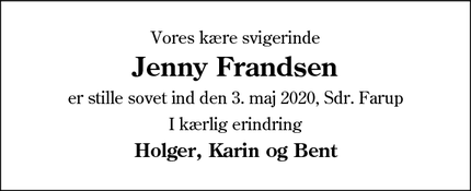 Dødsannoncen for Jenny Frandsen - Esbjerg