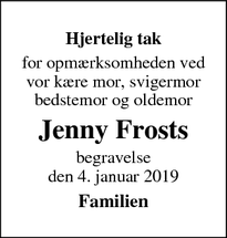 Dødsannoncen for Jenny Frosts - Kongerslev