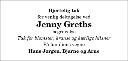 Dødsannoncen for Jenny Greths - lendrup