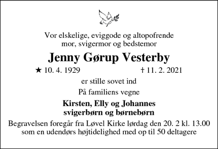 Dødsannoncen for Jenny Gørup Vesterby - Løvel