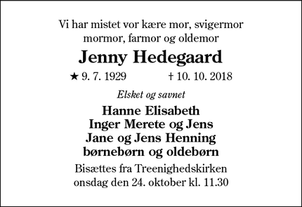 Dødsannoncen for Jenny Hedegaard - Esbjerg