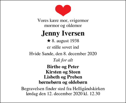 Dødsannoncen for Jenny Iversen - Hvide Sande