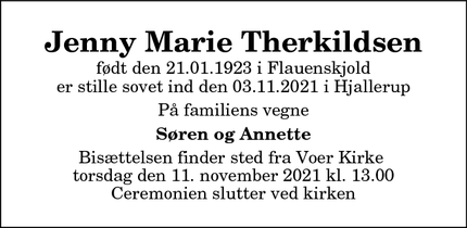 Dødsannoncen for Jenny Marie Therkildsen - Hjallerup