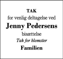 Dødsannoncen for Jenny Pedersens - Kibæk