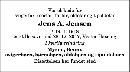 Dødsannoncen for Jens A. Jensen - Vester Hassing