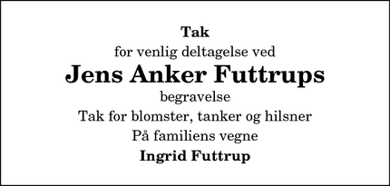 Dødsannoncen for Jens Anker Futtrups - Valsgaard