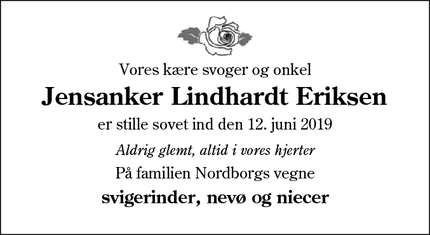 Dødsannoncen for Jensanker Lindhardt Eriksen - Billund