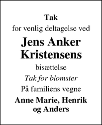Dødsannoncen for Jens Anker
Kristensens - Slagelse 