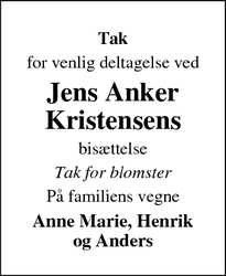 Dødsannoncen for Jens Anker
Kristensens - Slagelse
