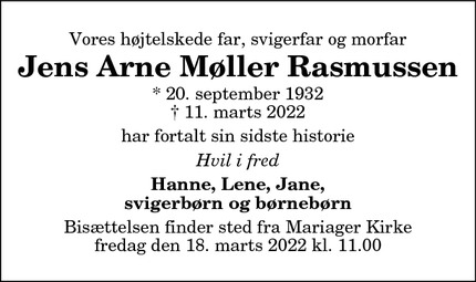 Dødsannoncen for Jens Arne Møller Rasmussen - Mariager