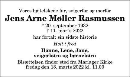 Dødsannoncen for Jens Arne Møller Rasmussen - Mariager