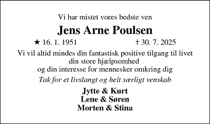 Dødsannoncen for Jens Arne Poulsen - Ikast, Denmark