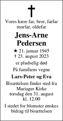 Dødsannoncen for Jens-Arne
Pedersen - Mariager