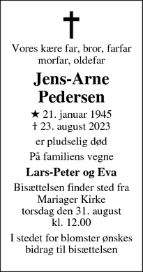 Dødsannoncen for Jens-Arne
Pedersen - Mariager