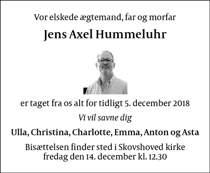 Dødsannoncen for Jens Axel Hummeluhr - Frederiksberg