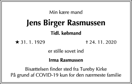 Dødsannoncen for Jens Birger Rasmussen - Rødovre