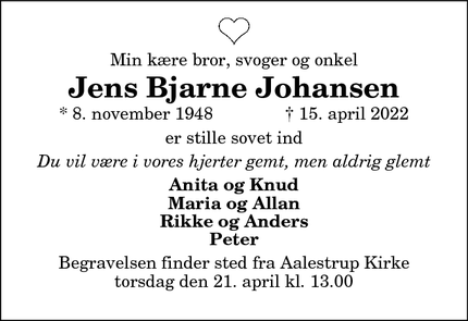 Dødsannoncen for Jens Bjarne Johansen - Nibe