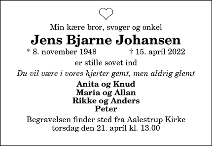 Dødsannoncen for Jens Bjarne Johansen - Nibe
