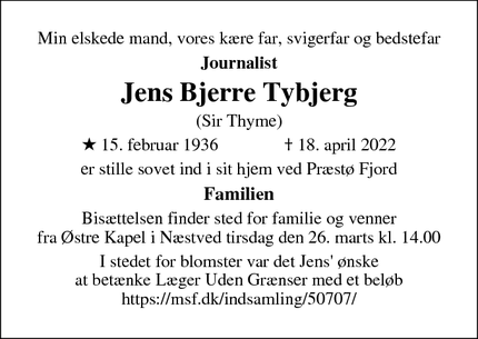 Dødsannoncen for Jens Bjerre Tybjerg - Præstø