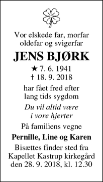 Dødsannoncen for JENS BJØRK - Tårnby