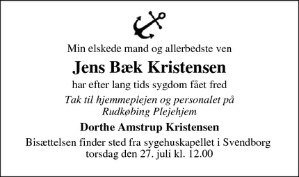 Dødsannoncen for Jens Bæk Kristensen - Rudkøbing