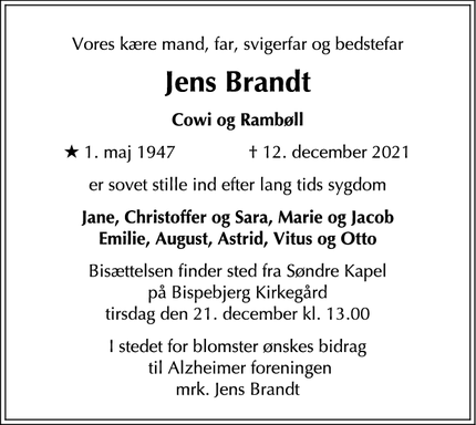 Dødsannoncen for Jens Brandt - Birkerød