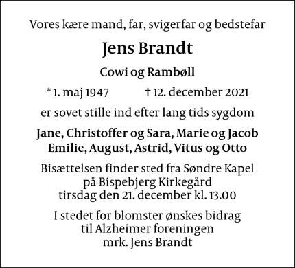 Dødsannoncen for Jens Brandt - Birkerød