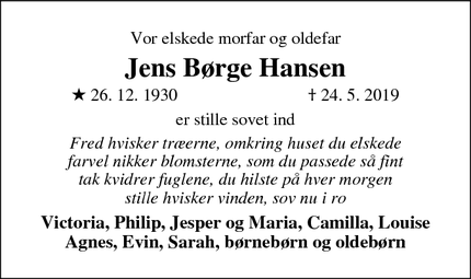 Dødsannoncen for Jens Børge Hansen - Munke Bjergby