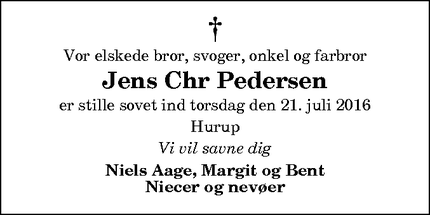 Dødsannoncen for Jens Chr Pedersen - Hurup