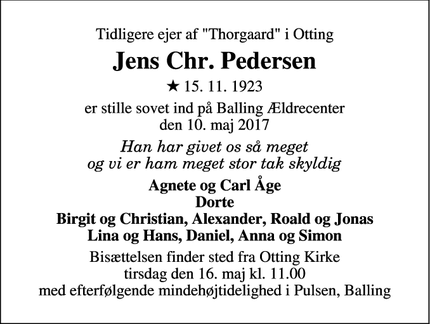 Dødsannoncen for Jens Chr. Pedersen - Balling